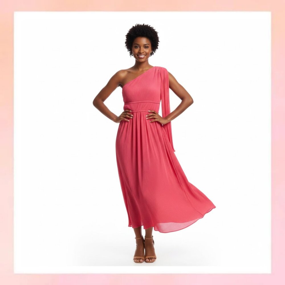 Stunning Coral One-Shoulder Pleated Dress- Small - Picture 1 of 7